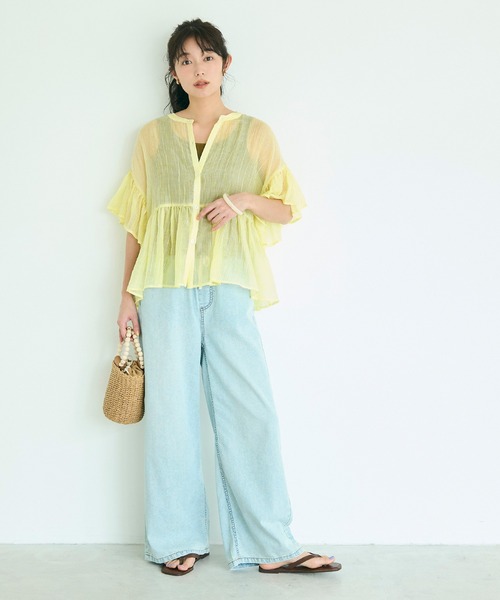 coca(coca)(コカ)の「ストライプシアーフリルブラウス(シャツ/ブラウス・レディース・イエロー/ブルー・XL/L/S/M)」の3枚目の写真