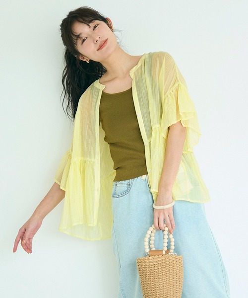 coca(coca)(コカ)の「ストライプシアーフリルブラウス(シャツ/ブラウス・レディース・イエロー/ブルー・XL/L/S/M)」の4枚目の写真