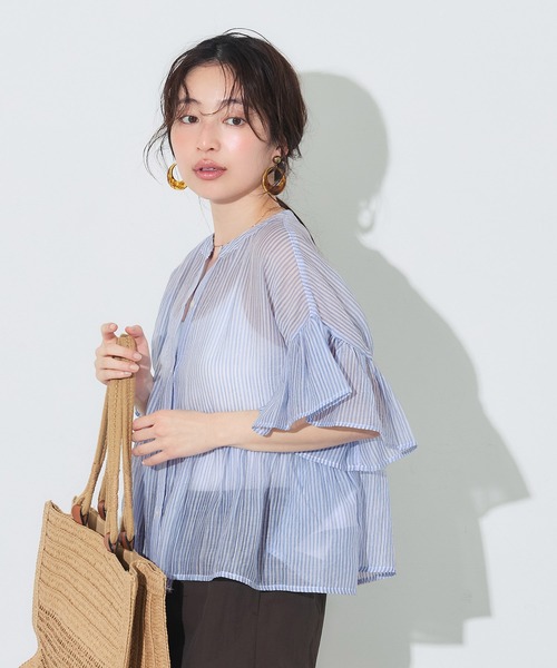 coca(coca)(コカ)の「ストライプシアーフリルブラウス(シャツ/ブラウス・レディース・イエロー/ブルー・XL/L/S/M)」の10枚目の写真