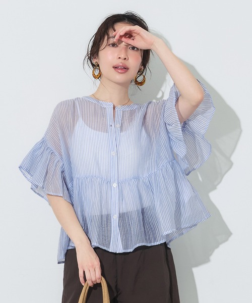 coca(coca)(コカ)の「ストライプシアーフリルブラウス(シャツ/ブラウス・レディース・イエロー/ブルー・XL/L/S/M)」の14枚目の写真