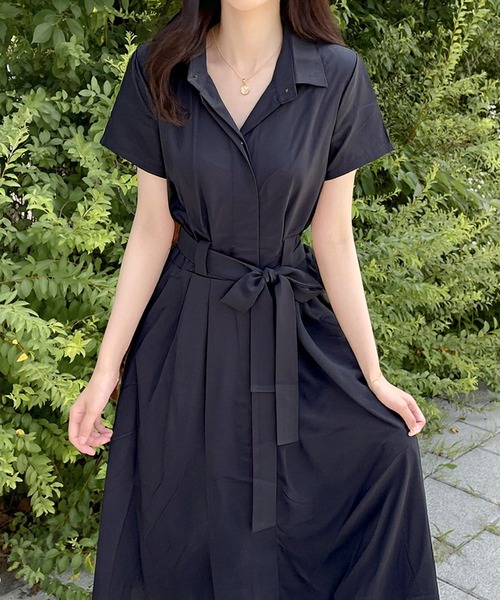 k*様 GW中お値下げＭORAB ITO黒 半袖 ワンピース ウエストベルト付き 共布ベルト付きウエストマーク半袖ロングワンピース（ワンピース