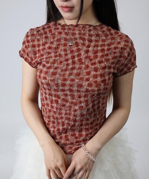 HOOK(フック)の「HOOK for girls バブルシフォン総柄クロップドトップス (SS)(Tシャツ/カットソー・レディース・ピンク/オフホワイト/レオパード/チョコ/レンガ/グレー・FREE)」の5枚目の写真