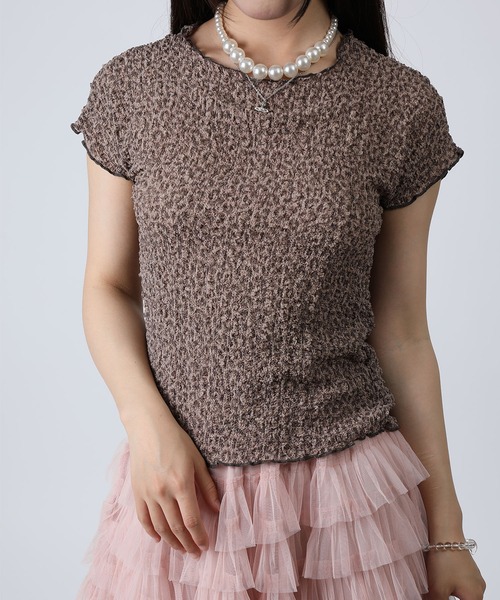 HOOK(フック)の「HOOK for girls バブルシフォン総柄クロップドトップス (SS)(Tシャツ/カットソー・レディース・ピンク/オフホワイト/レオパード/チョコ/レンガ/グレー・FREE)」の8枚目の写真