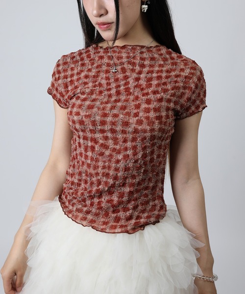 HOOK(フック)の「HOOK for girls バブルシフォン総柄クロップドトップス (SS)(Tシャツ/カットソー・レディース・ピンク/オフホワイト/レオパード/チョコ/レンガ/グレー・FREE)」の14枚目の写真