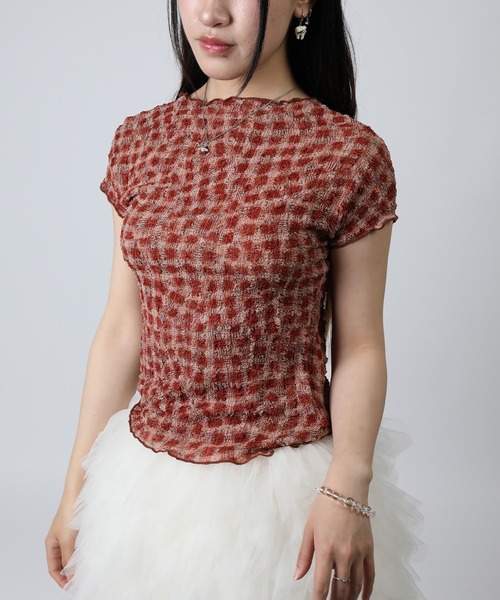 HOOK(フック)の「HOOK for girls バブルシフォン総柄クロップドトップス (SS)(Tシャツ/カットソー・レディース・ピンク/オフホワイト/レオパード/チョコ/レンガ/グレー・FREE)」の13枚目の写真