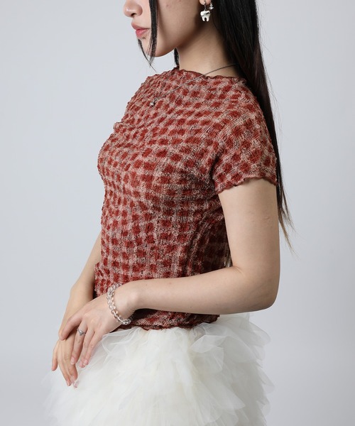 HOOK(フック)の「HOOK for girls バブルシフォン総柄クロップドトップス (SS)(Tシャツ/カットソー・レディース・ピンク/オフホワイト/レオパード/チョコ/レンガ/グレー・FREE)」の12枚目の写真