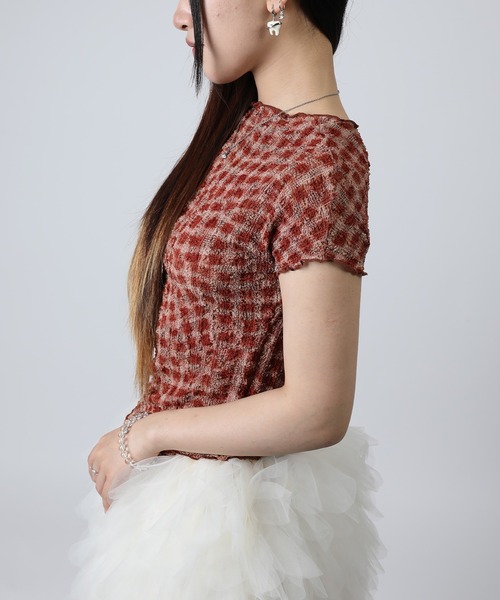 HOOK(フック)の「HOOK for girls バブルシフォン総柄クロップドトップス (SS)(Tシャツ/カットソー・レディース・ピンク/オフホワイト/レオパード/チョコ/レンガ/グレー・FREE)」の11枚目の写真