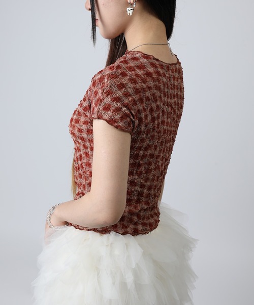 HOOK(フック)の「HOOK for girls バブルシフォン総柄クロップドトップス (SS)(Tシャツ/カットソー・レディース・ピンク/オフホワイト/レオパード/チョコ/レンガ/グレー・FREE)」の10枚目の写真
