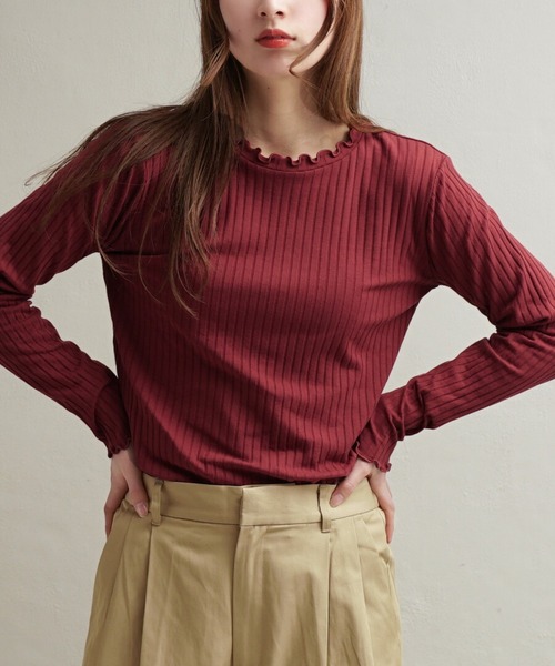 zootie（ズーティー）の「ロングスリーブ リブカットソー［クルーネック］（Tシャツ/カットソー・レディース・レッド系その他/イエロー系その他2/グリーン系その他2/ブラック×ホワイト/ホワイト×ブラック/グレー系その他3/ブルー/ベージュ系その他/ブラック系その他/ベージュ×ブラック/グレー系その他/カーキブラウン/ブルー系その他2/ネイビー/サーモンピンク/レッド系その他2/グレイッシュベージュ/ミント/テラコッタ/アイボリー・M/L/LL）」の20枚目の写真
