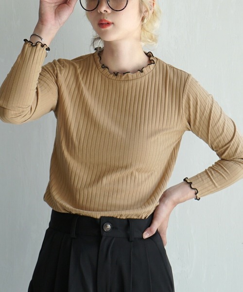 zootie（ズーティー）の「ロングスリーブ リブカットソー［クルーネック］（Tシャツ/カットソー・レディース・レッド系その他/イエロー系その他2/グリーン系その他2/ブラック×ホワイト/ホワイト×ブラック/グレー系その他3/ブルー/ベージュ系その他/ブラック系その他/ベージュ×ブラック/グレー系その他/カーキブラウン/ブルー系その他2/ネイビー/サーモンピンク/レッド系その他2/グレイッシュベージュ/ミント/テラコッタ/アイボリー・M/L/LL）」の12枚目の写真