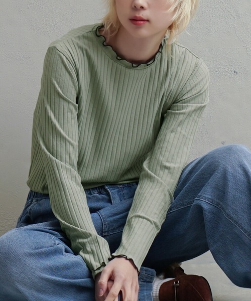 zootie（ズーティー）の「ロングスリーブ リブカットソー［クルーネック］（Tシャツ/カットソー・レディース・レッド系その他/イエロー系その他2/グリーン系その他2/ブラック×ホワイト/ホワイト×ブラック/グレー系その他3/ブルー/ベージュ系その他/ブラック系その他/ベージュ×ブラック/グレー系その他/カーキブラウン/ブルー系その他2/ネイビー/サーモンピンク/レッド系その他2/グレイッシュベージュ/ミント/テラコッタ/アイボリー・M/L/LL）」の13枚目の写真