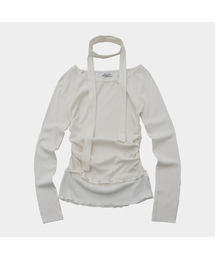 ボートUネック取り外し可能アイレット配色マフラーセットロングスリーブTシャツ_3COLOR