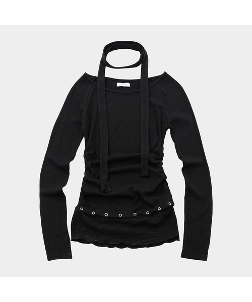 PLACE STUDIO(プレイススタジオ)の「ボートUネック取り外し可能アイレット配色マフラーセットロングスリーブTシャツ_3COLOR(Tシャツ/カットソー・レディース・グレー/ブラック/ホワイト・FREE)」の2枚目の写真