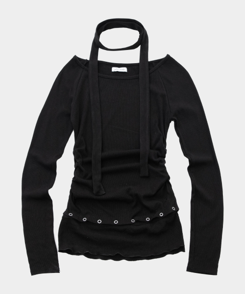 PLACE STUDIO(プレイススタジオ)の「ボートUネック取り外し可能アイレット配色マフラーセットロングスリーブTシャツ_3COLOR(Tシャツ/カットソー・レディース・グレー/ブラック/ホワイト・FREE)」の6枚目の写真