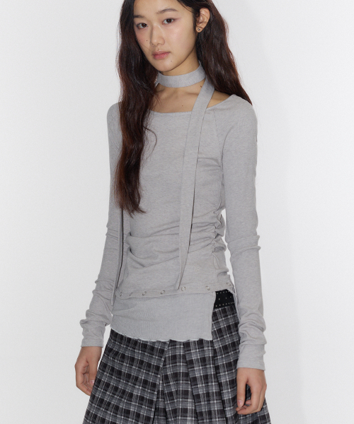 PLACE STUDIO(プレイススタジオ)の「ボートUネック取り外し可能アイレット配色マフラーセットロングスリーブTシャツ_3COLOR(Tシャツ/カットソー・レディース・グレー/ブラック/ホワイト・FREE)」の7枚目の写真
