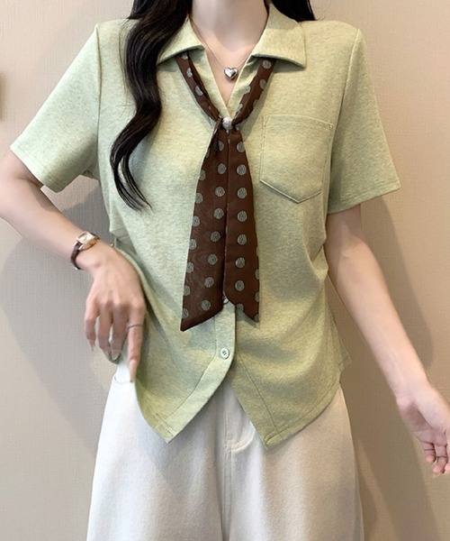 2ly2(トゥーリートゥー)の「スカーフ付き ポロカラー半袖カットソー(Tシャツ/カットソー・レディース・ベージュ/グレー/イエロー/ブルー/グリーン・FREE)」の17枚目の写真