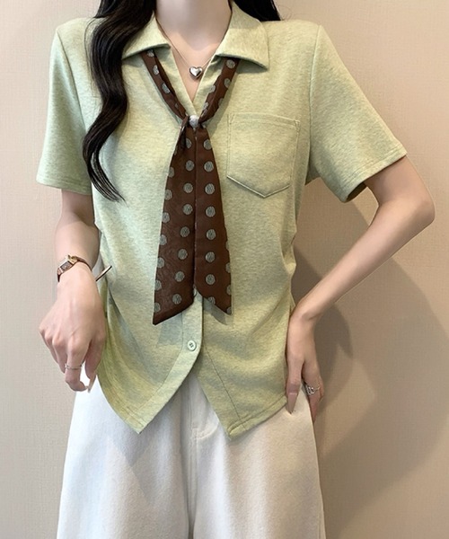 2ly2(トゥーリートゥー)の「スカーフ付き ポロカラー半袖カットソー(Tシャツ/カットソー・レディース・ベージュ/グレー/イエロー/ブルー/グリーン・FREE)」の18枚目の写真