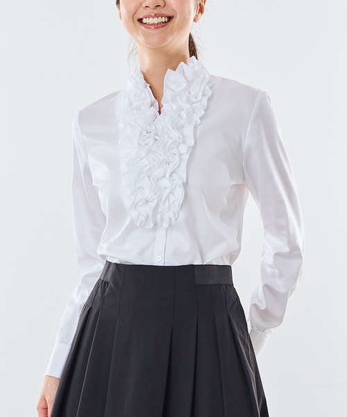 NARACAMICIE(ナラカミーチェ)の「【NARACAMICIE】ツイルフロントフリル長袖シャツ(シャツ/ブラウス・レディース・ホワイト・S/L/M/XL)」の1枚目の写真