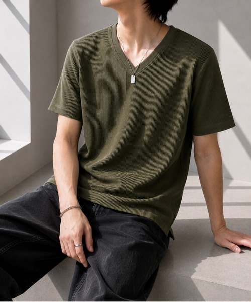 Bling Leads（ブリングリーズ）の「【Bls】 【ZM】【Bling Leads】サーマルワッフル V/N TEE（Tシャツ/カットソー・メンズ・ライトピンク/カーキ/ホワイト/ブラック/グレー/ネイビー・MEDIUM/LARGE/X-LARGE）」の4枚目の写真