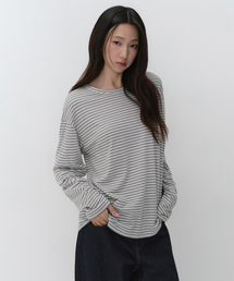 ウィメンズCRストライプリラックスド長袖Tシャツ[ライトグレー]