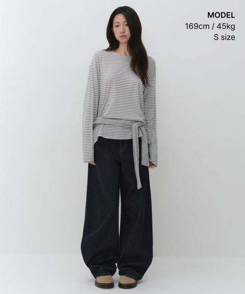 MUSINSA STANDARD WOMAN（ムシンサスタンダードウーマン）の「ウィメンズCRストライプリラックスド長袖Tシャツ[ライトグレー]（Tシャツ/カットソー・レディース・その他・MEDIUM/LARGE/X-SMALL/SMALL）」の2枚目の写真
