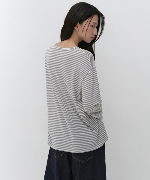MUSINSA STANDARD WOMAN（ムシンサスタンダードウーマン）の「ウィメンズCRストライプリラックスド長袖Tシャツ[ライトグレー]（Tシャツ/カットソー・レディース・その他・MEDIUM/LARGE/X-SMALL/SMALL）」の3枚目の写真