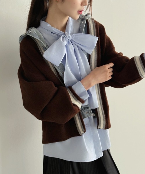 Jewelobe（ジュエローブ）の「デニムドッキング配色ニットカーディガン（カーディガン/ボレロ・レディース・アイボリー/ブラック/ブラウン・FREE）」の9枚目の写真