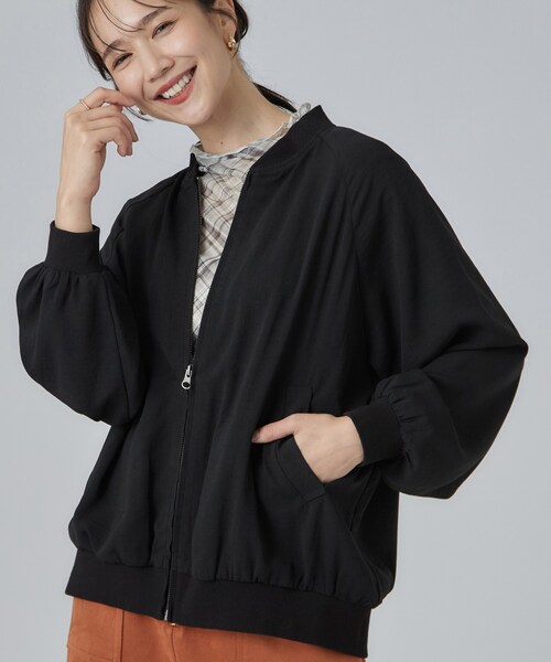 SHOO・LA・RUE(シューラルー)の「【S-LL】洗濯後しわになりにくい 麻調リブブルゾン(ブルゾン・レディース・ブラック/ライトベージュ/ブラウン系その他・01/02/03/04)」の1枚目の写真