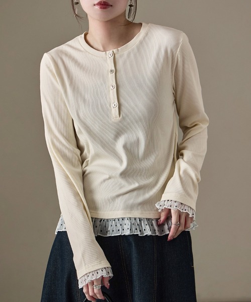 Fashion Letter(ファッションレター)の「フェイクレイヤード テレコ×シアードット ヘンリー長袖カットソー(Tシャツ/カットソー・レディース・アイボリー/ブラック/ブラウン・M)」の1枚目の写真