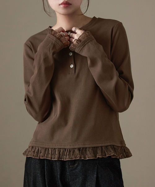 Fashion Letter(ファッションレター)の「フェイクレイヤード テレコ×シアードット ヘンリー長袖カットソー(Tシャツ/カットソー・レディース・アイボリー/ブラック/ブラウン・M)」の3枚目の写真