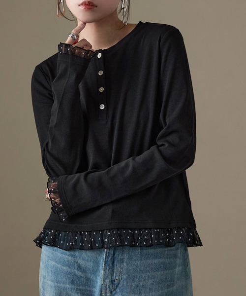 Fashion Letter(ファッションレター)の「フェイクレイヤード テレコ×シアードット ヘンリー長袖カットソー(Tシャツ/カットソー・レディース・アイボリー/ブラック/ブラウン・M)」の2枚目の写真