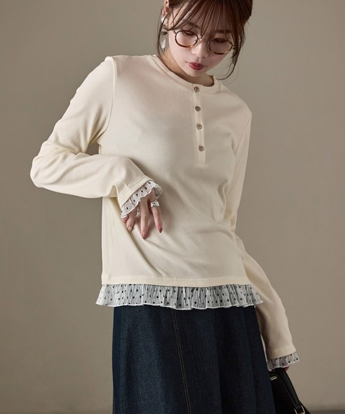 Fashion Letter(ファッションレター)の「フェイクレイヤード テレコ×シアードット ヘンリー長袖カットソー(Tシャツ/カットソー・レディース・アイボリー/ブラック/ブラウン・M)」の4枚目の写真