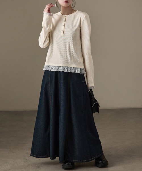 Fashion Letter(ファッションレター)の「フェイクレイヤード テレコ×シアードット ヘンリー長袖カットソー(Tシャツ/カットソー・レディース・アイボリー/ブラック/ブラウン・M)」の6枚目の写真
