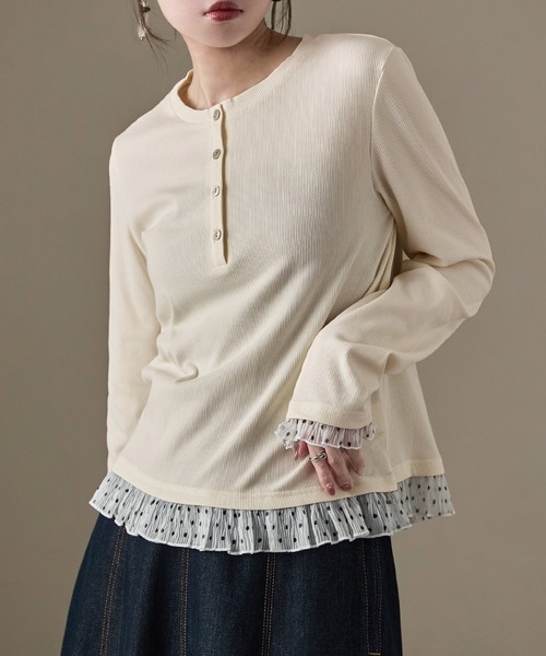 Fashion Letter(ファッションレター)の「フェイクレイヤード テレコ×シアードット ヘンリー長袖カットソー(Tシャツ/カットソー・レディース・アイボリー/ブラック/ブラウン・M)」の7枚目の写真