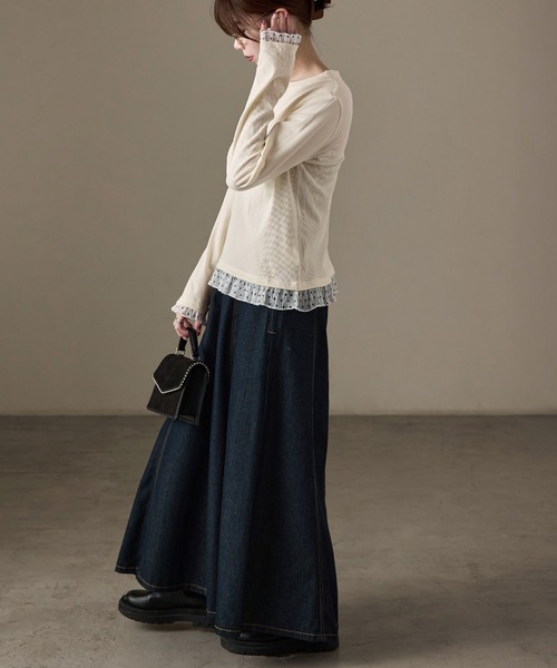 Fashion Letter(ファッションレター)の「フェイクレイヤード テレコ×シアードット ヘンリー長袖カットソー(Tシャツ/カットソー・レディース・アイボリー/ブラック/ブラウン・M)」の8枚目の写真
