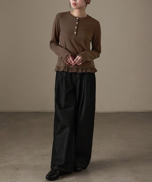 Fashion Letter(ファッションレター)の「フェイクレイヤード テレコ×シアードット ヘンリー長袖カットソー(Tシャツ/カットソー・レディース・アイボリー/ブラック/ブラウン・M)」の14枚目の写真