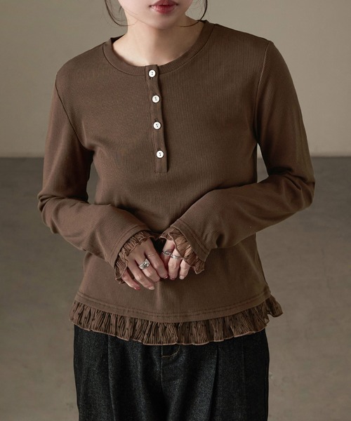 Fashion Letter(ファッションレター)の「フェイクレイヤード テレコ×シアードット ヘンリー長袖カットソー(Tシャツ/カットソー・レディース・アイボリー/ブラック/ブラウン・M)」の15枚目の写真
