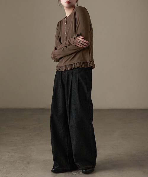 Fashion Letter(ファッションレター)の「フェイクレイヤード テレコ×シアードット ヘンリー長袖カットソー(Tシャツ/カットソー・レディース・アイボリー/ブラック/ブラウン・M)」の16枚目の写真