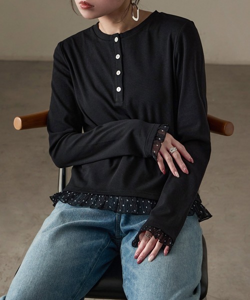Fashion Letter(ファッションレター)の「フェイクレイヤード テレコ×シアードット ヘンリー長袖カットソー(Tシャツ/カットソー・レディース・アイボリー/ブラック/ブラウン・M)」の22枚目の写真