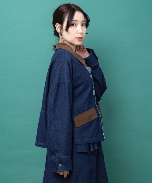 iS ScoLar(イズスカラー)の「563233:デニム×コーデュロイ 花刺繍配色ジャケット(デニムジャケット・レディース・ブラック/ネイビー・M)」の12枚目の写真