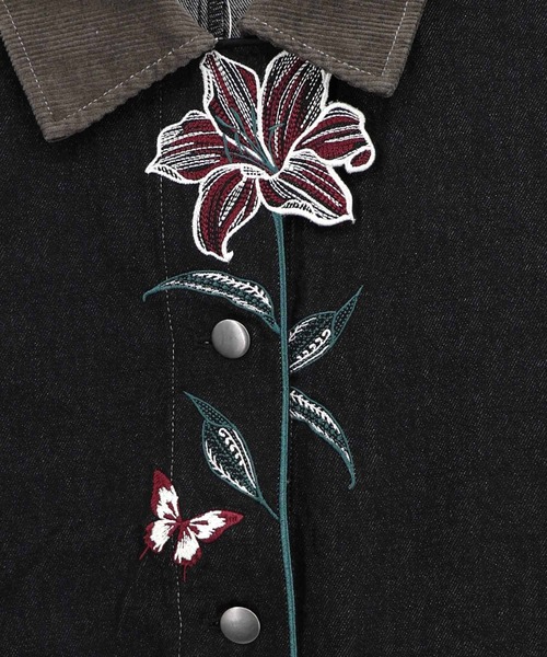 iS ScoLar(イズスカラー)の「563233:デニム×コーデュロイ 花刺繍配色ジャケット(デニムジャケット・レディース・ブラック/ネイビー・M)」の16枚目の写真