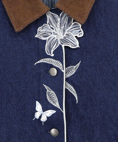 iS ScoLar(イズスカラー)の「563233:デニム×コーデュロイ 花刺繍配色ジャケット(デニムジャケット・レディース・ブラック/ネイビー・M)」の3枚目の写真