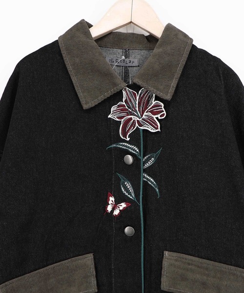 iS ScoLar(イズスカラー)の「563233:デニム×コーデュロイ 花刺繍配色ジャケット(デニムジャケット・レディース・ブラック/ネイビー・M)」の4枚目の写真