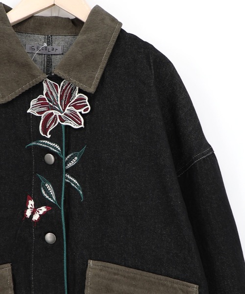 iS ScoLar(イズスカラー)の「563233:デニム×コーデュロイ 花刺繍配色ジャケット(デニムジャケット・レディース・ブラック/ネイビー・M)」の5枚目の写真