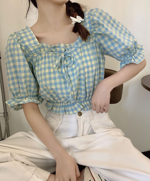 meJane(ミージェーン)の「サッカーギンガムキャンディースリーブショートトップス【ZOZOTOWN限定】(シャツ/ブラウス・レディース・ブルー/グリーン・FREE)」の3枚目の写真