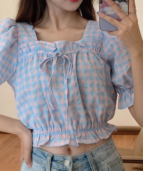 meJane(ミージェーン)の「サッカーギンガムキャンディースリーブショートトップス【ZOZOTOWN限定】(シャツ/ブラウス・レディース・ブルー/グリーン・FREE)」の10枚目の写真