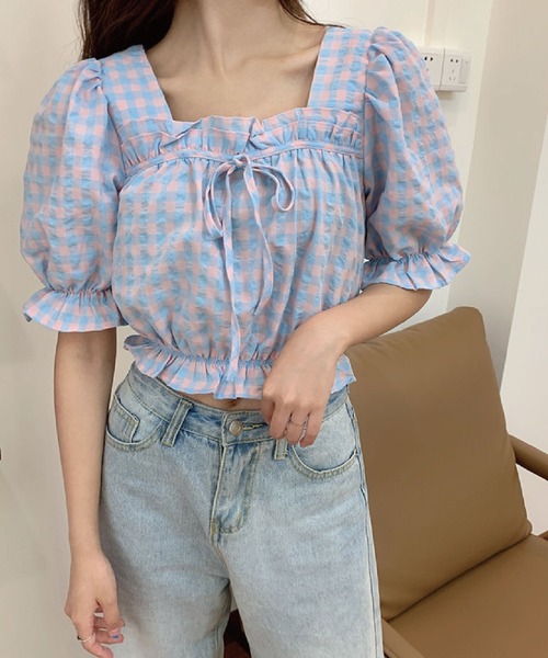meJane(ミージェーン)の「サッカーギンガムキャンディースリーブショートトップス【ZOZOTOWN限定】(シャツ/ブラウス・レディース・ブルー/グリーン・FREE)」の11枚目の写真