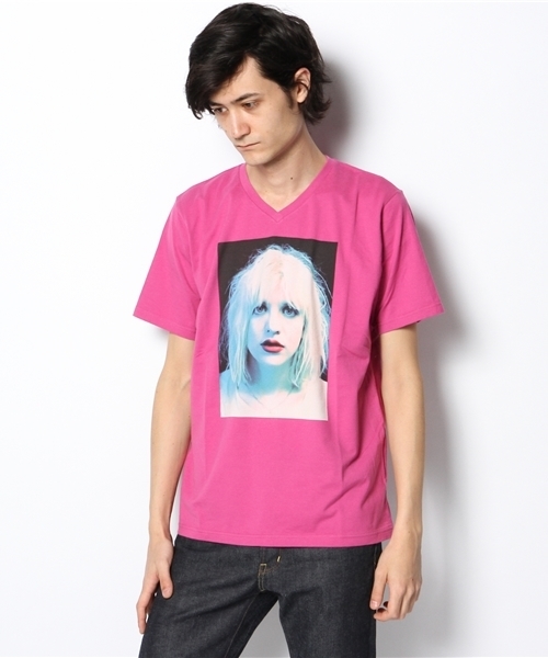 HYSTERIC GLAMOUR(ヒステリックグラマー)の「CL/SWEETHEARTS pt VネックT-SH(Tシャツ/カットソー・メンズ・ホワイト/ピンク/ブラック・SMALL/MEDIUM/LARGE)」の1枚目の写真