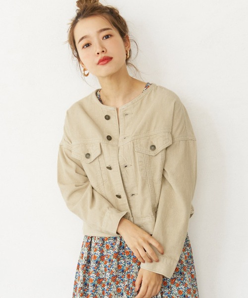 coca（coca）（コカ）の「こなれショート丈！ノーカラーコーデュロイジャケット（ノーカラージャケット・レディース・ブラウン/ベージュ・M/L）」の2枚目の写真