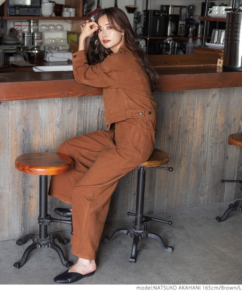 coca（coca）（コカ）の「こなれショート丈！ノーカラーコーデュロイジャケット（ノーカラージャケット・レディース・ブラウン/ベージュ・M/L）」の8枚目の写真